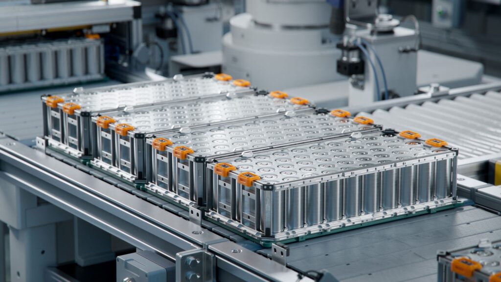 Close-up view of advanced lithium-ion battery modules on an automated production line. Each module contains multiple cylindrical cells with metal casings and orange connectors, part of a high-tech energy storage manufacturing process.
