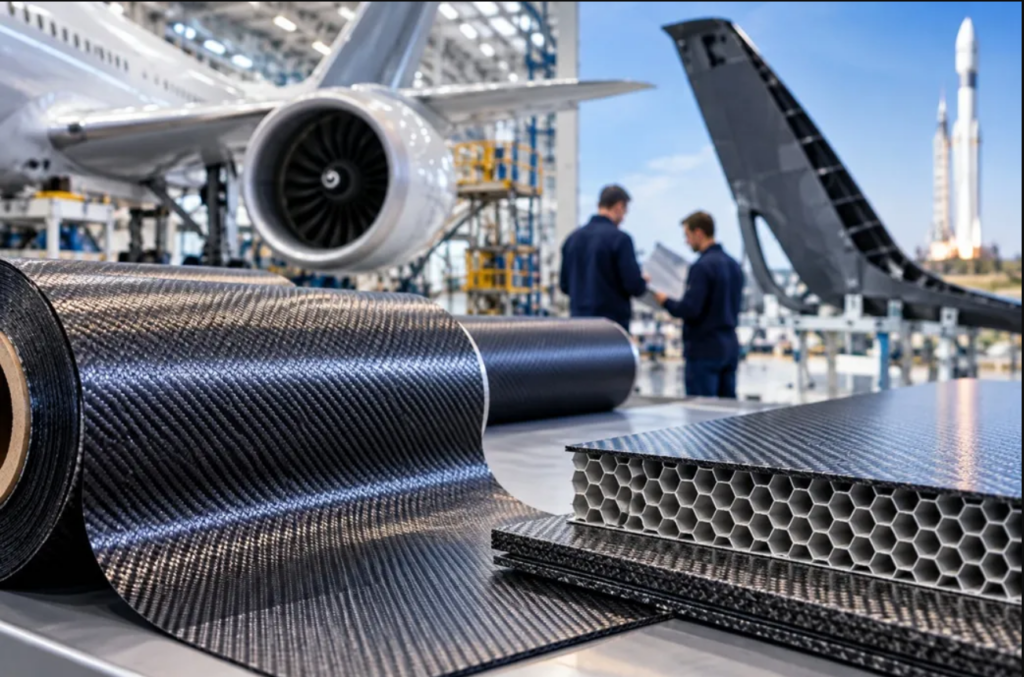 Carbon fiber fabric rolls and honeycomb composite panels displayed in an aerospace manufacturing facility, with an aircraft engine and engineers in the background.
